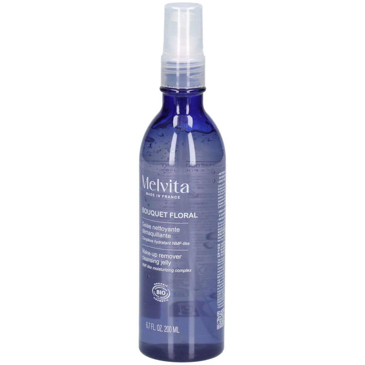 Melvita démaquillant, flacon spray bleu avec pompe blanche.