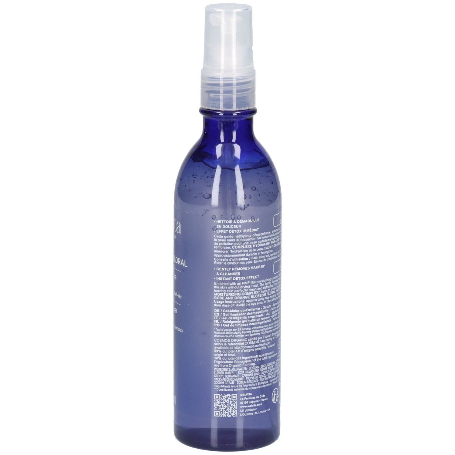 Arrière Melvita démaquillant, flacon spray bleu avec texte.