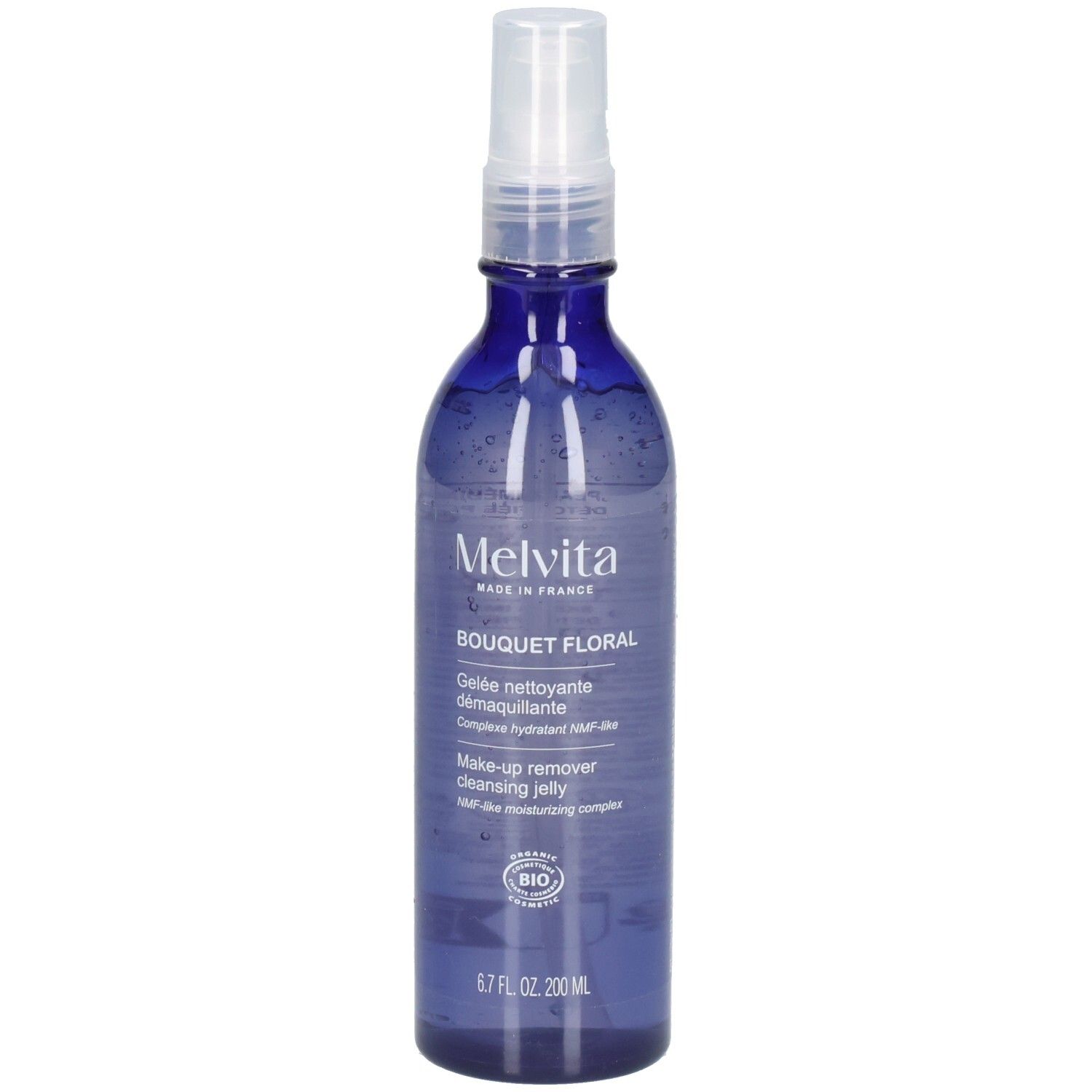 Melvita démaquillant, flacon spray bleu avec pompe blanche.
