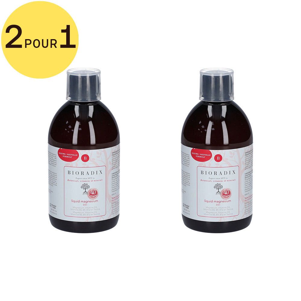 Deux flacons de Bioradix Liquid Magnesium D3+. Inscription : Liquid Magnesium D3+. Avec cercle jaune 2 pour 1.