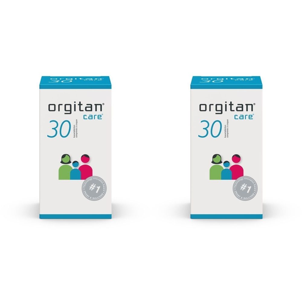Deux boîtes rectangulaires avec couvercle bleu. Inscription : orgitan care 30. Logo avec personnes. Label.