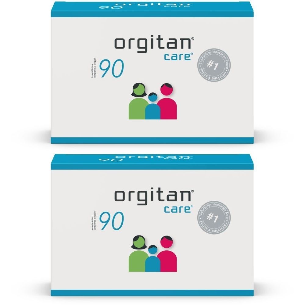 Deux boîtes blanches avec couvercle bleu. Inscription : orgitan care, 90, symbole familial, distinction.