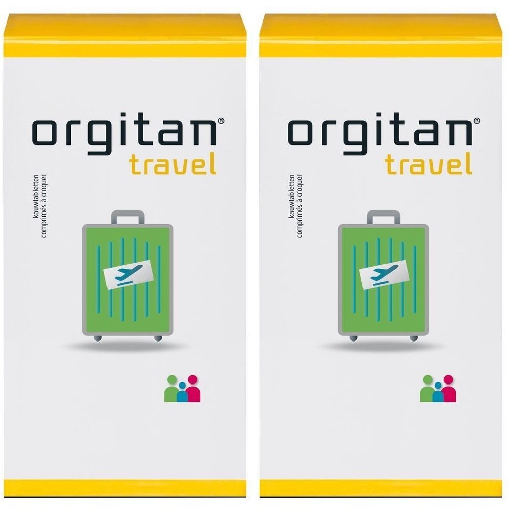 Deux boîtes avec accent jaune. Inscription: orgitan® travel. Illustration d'une valise verte avec un symbole d'avion.