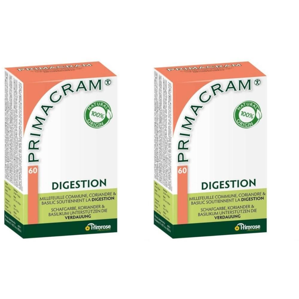 Deux boîtes rectangulaires avec l'inscription "PRIMACRAM". Inscription "DIGESTION" et "60". Design vert et orange.