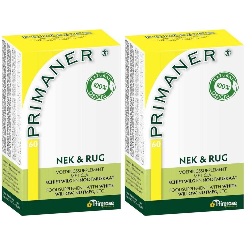 Deux boîtes rectangulaires avec l'inscription "PRIMANER". Inscription "NEK & RUG" et "60". Logo "100% Natural Origin". Marque Primrose.