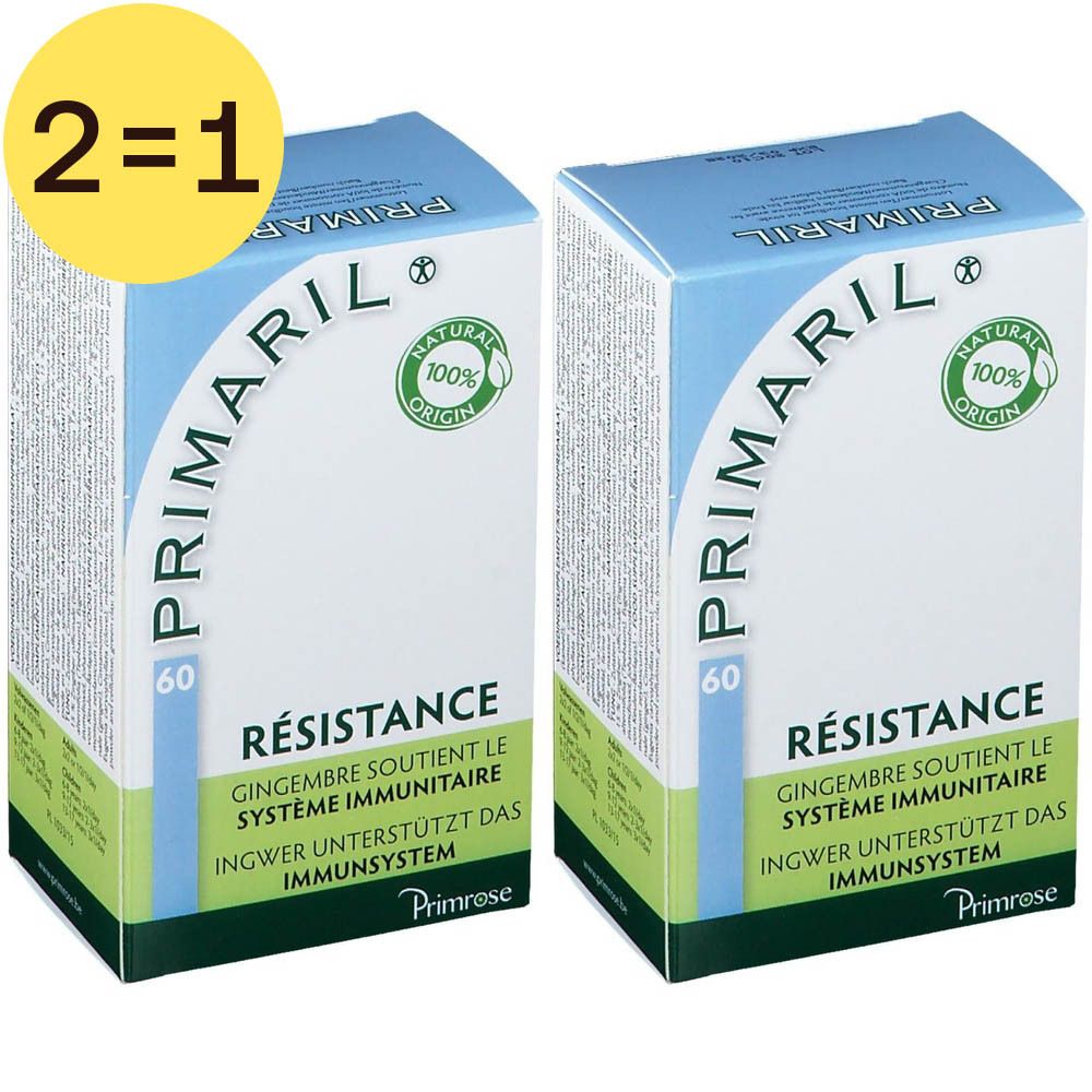 Deux boîtes de Primaril avec 'RESISTANCE'. Chaque boîte affiche '60' et un logo vert. Un cercle jaune indique '2=1'.