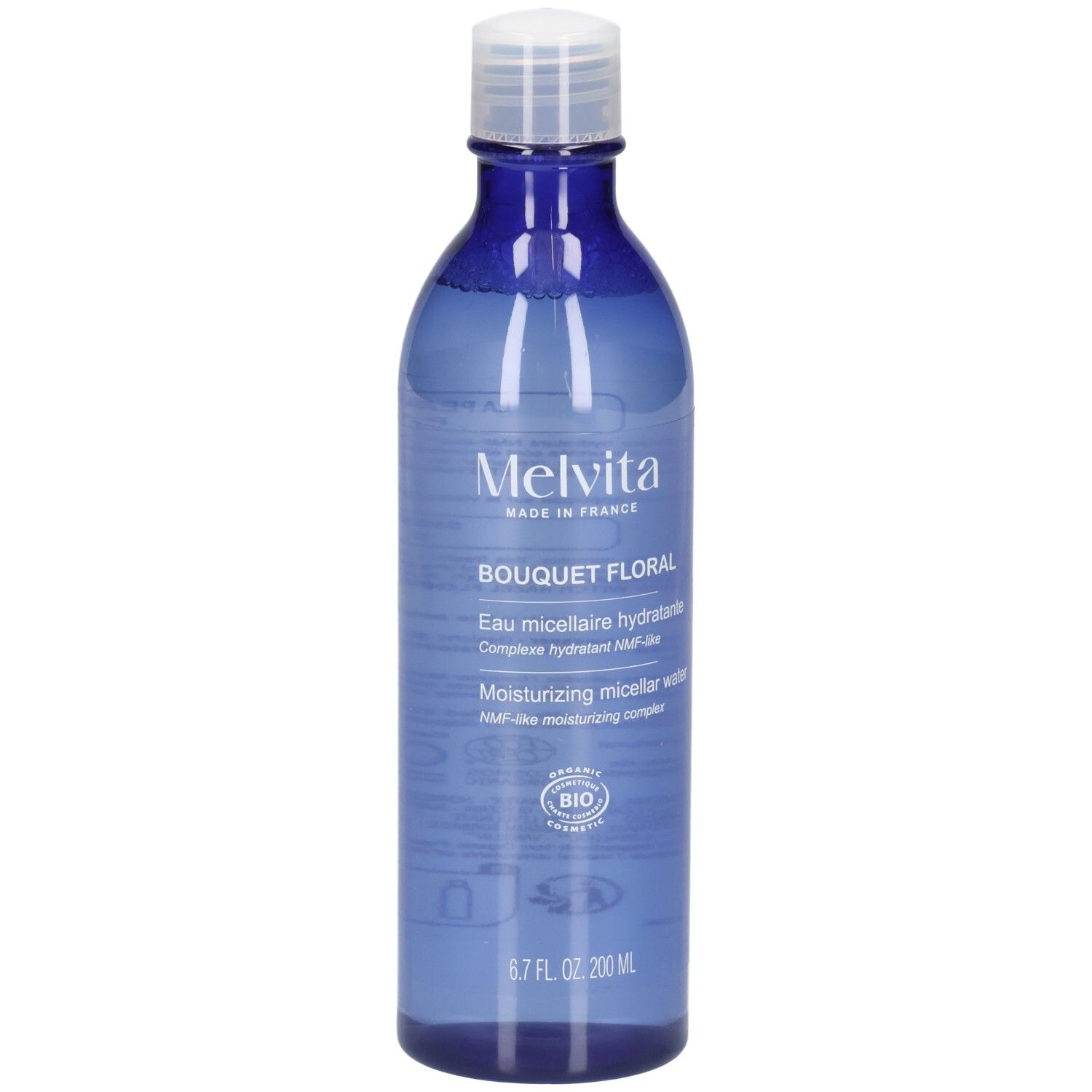 Melvita Eau Micellaire Douce Détox, flacon bleu avec bouchon blanc. Contient un label BIO.