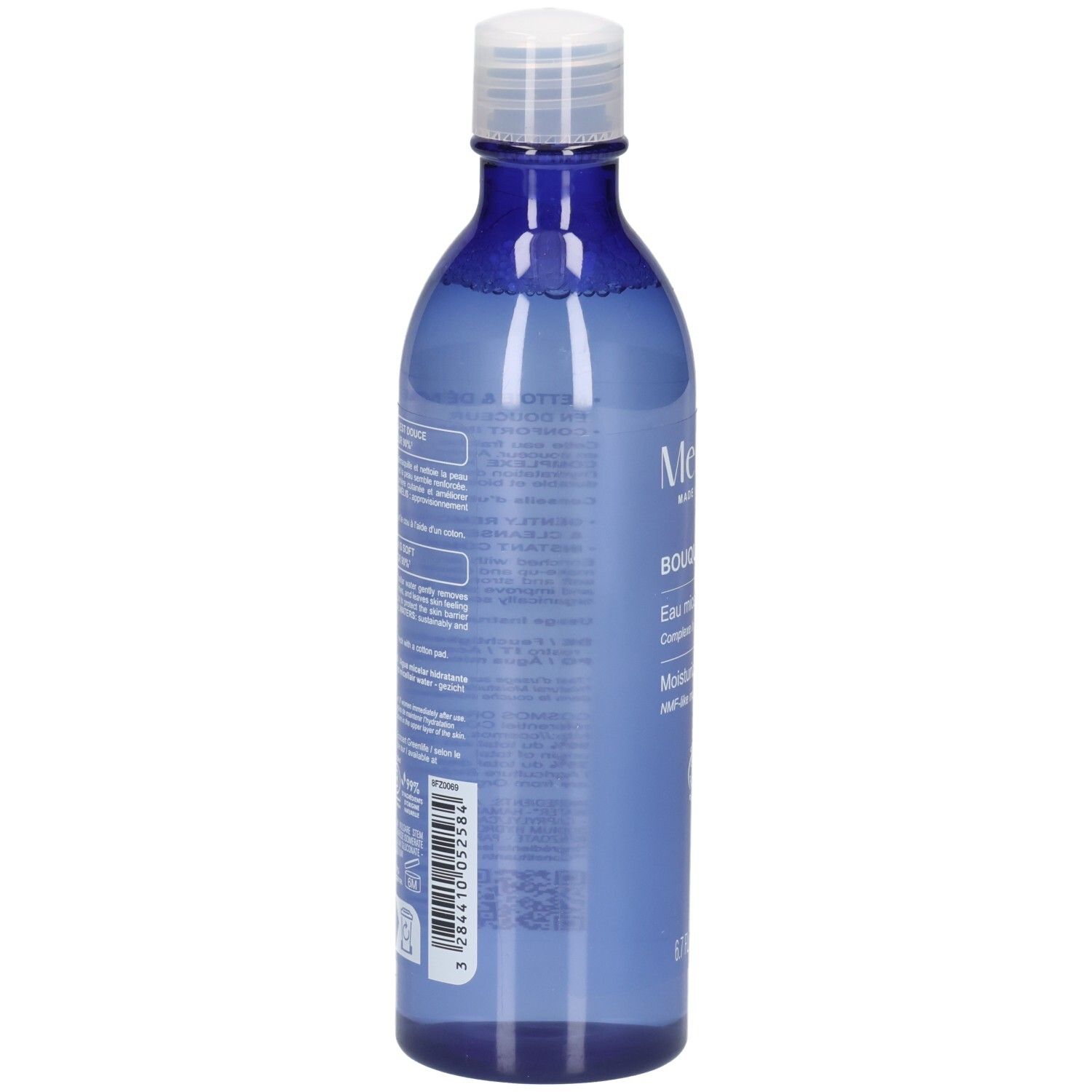 Arrière du flacon Melvita Eau Micellaire Douce Détox avec ingrédients et instructions.