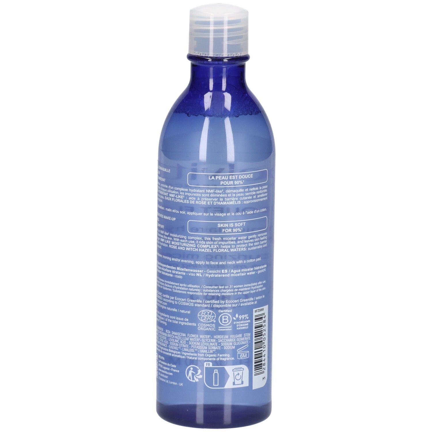 Arrière du flacon Melvita Eau Micellaire Douce Détox avec label BIO et instructions.