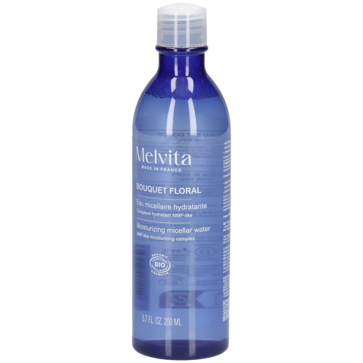 Melvita Eau Micellaire Douce Détox, flacon bleu avec bouchon blanc. Contient un label BIO.