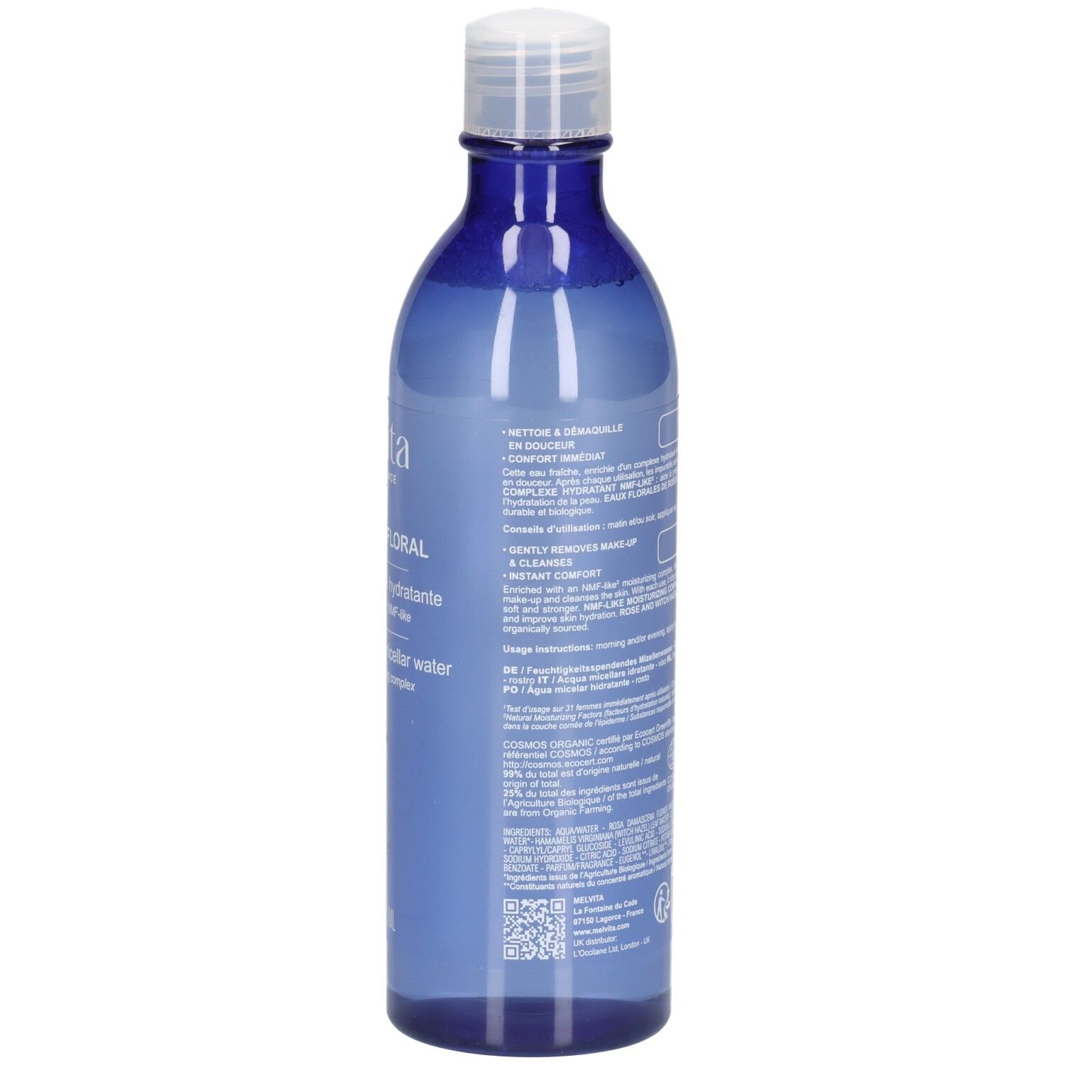 Arrière du flacon Melvita Eau Micellaire Douce Détox avec instructions et ingrédients.