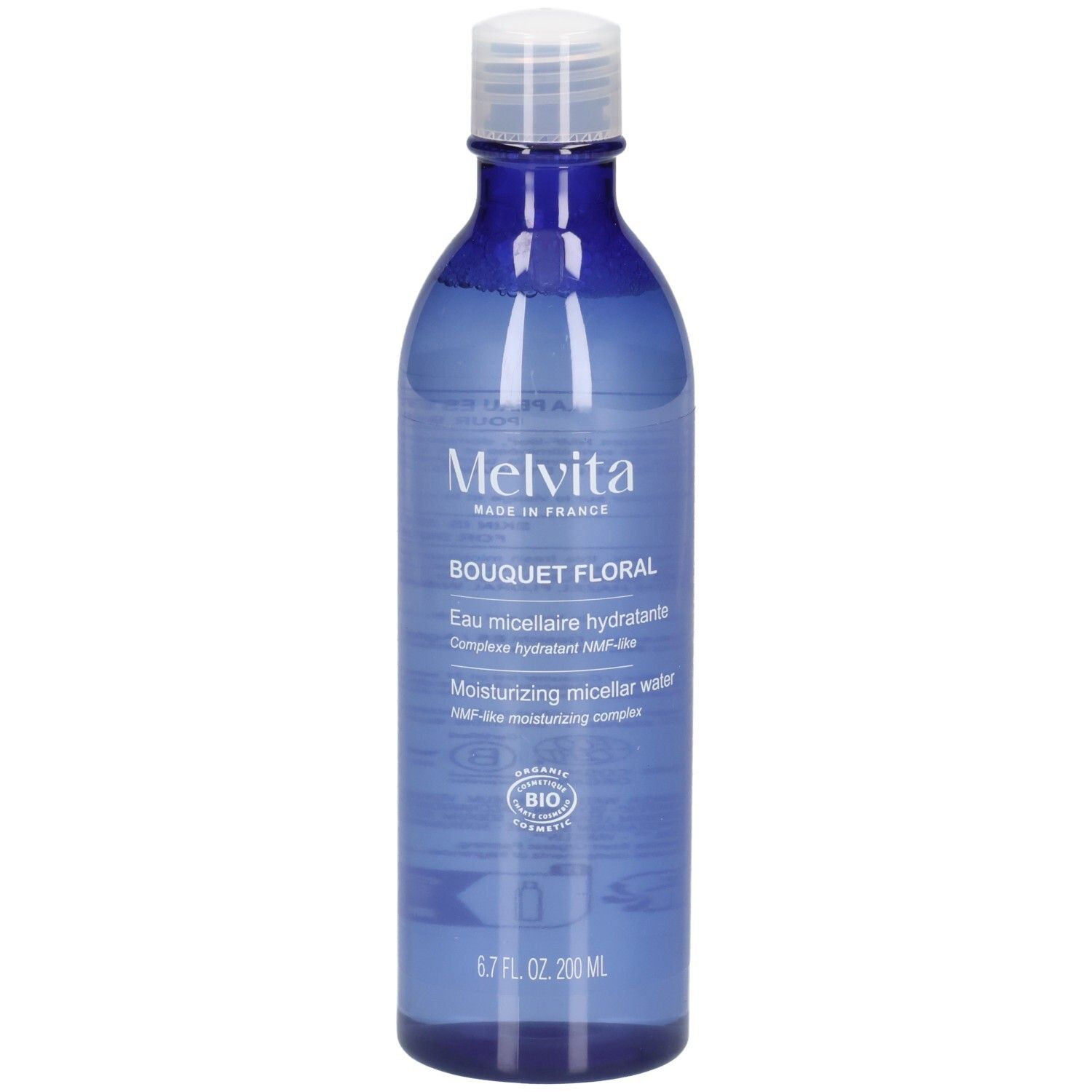Melvita Eau Micellaire Douce Détox, flacon bleu avec bouchon blanc. Contient un label BIO.
