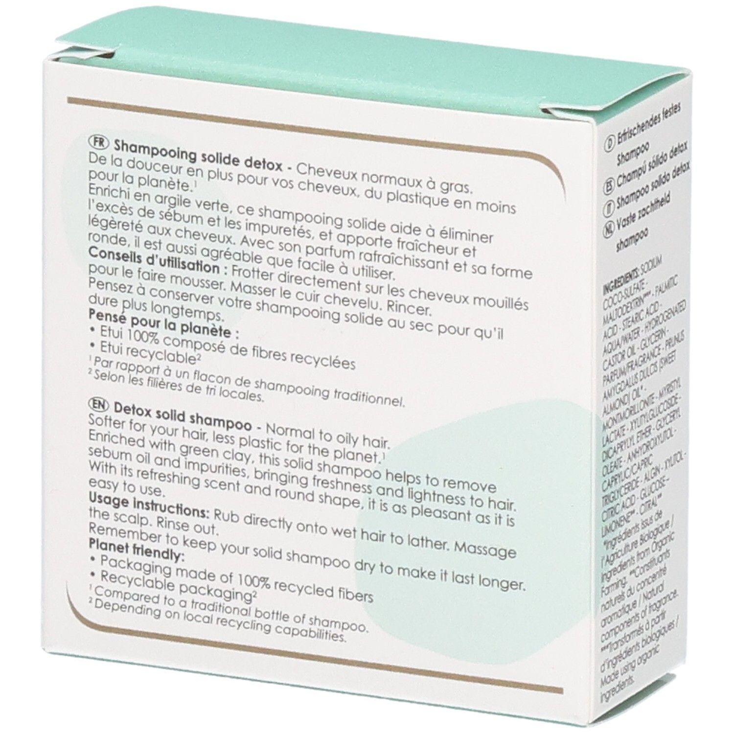 Boîte de shampoing solide détox Melvita, verso avec instructions d'utilisation et ingrédients.