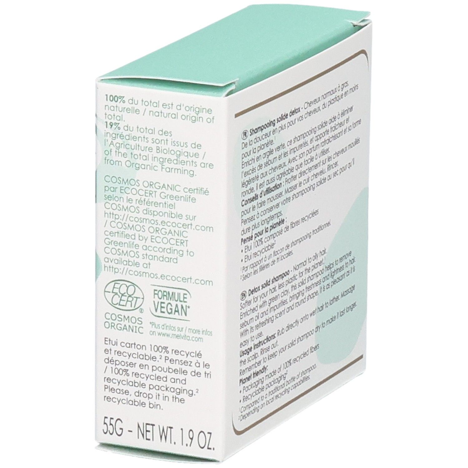 Boîte de shampoing solide détox Melvita, côté avec labels ECO CERT et Vegan.