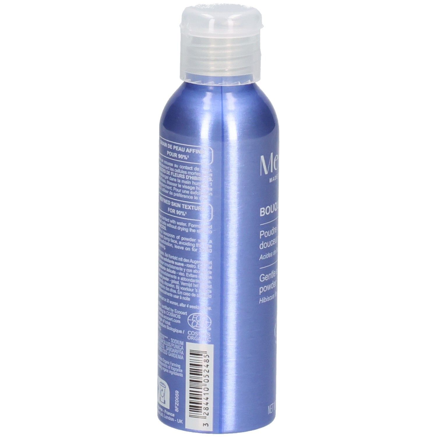 Arrière du flacon bleu de poudre exfoliante douceur Melvita, 30g.
