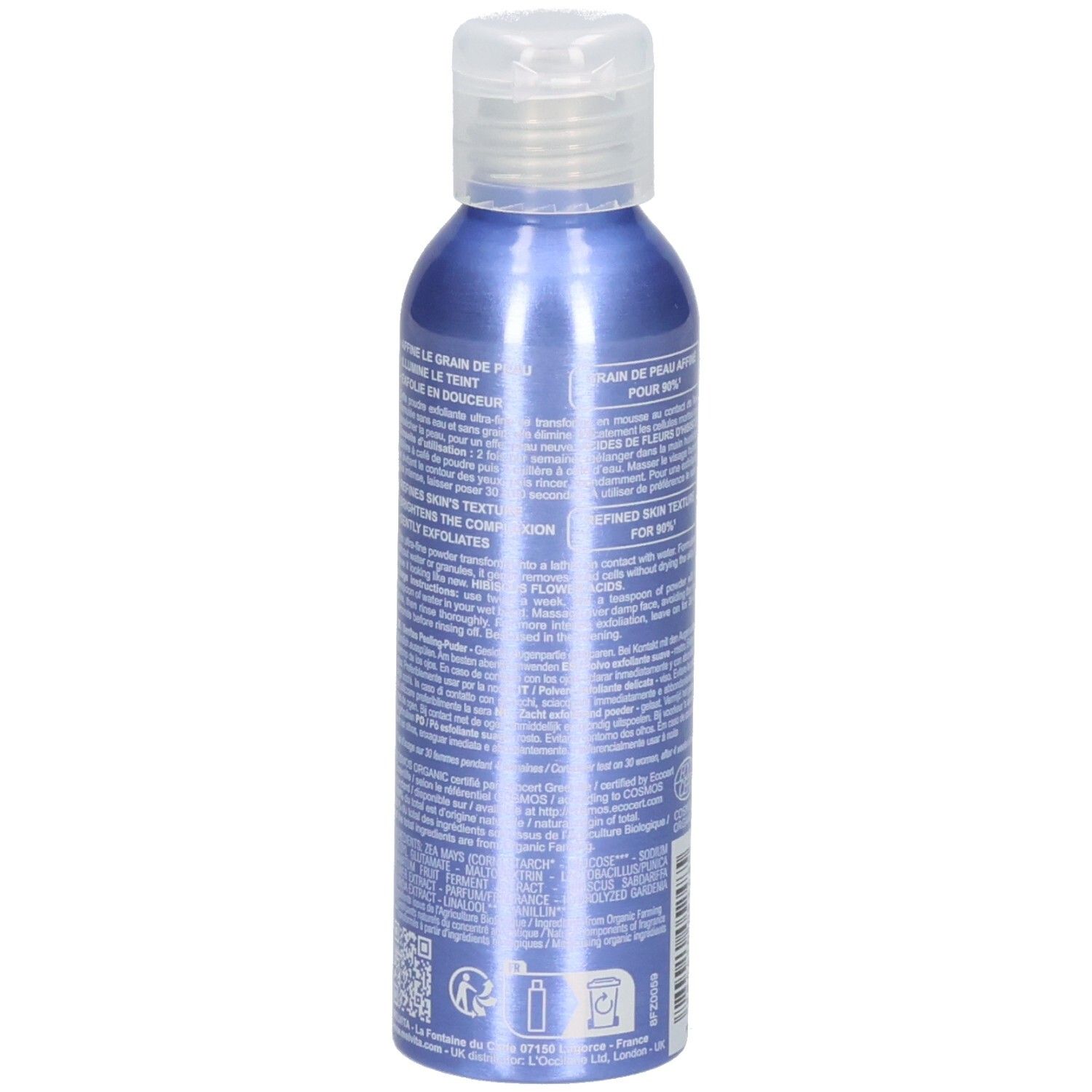 Arrière du flacon bleu de poudre exfoliante douceur Melvita, 30g.