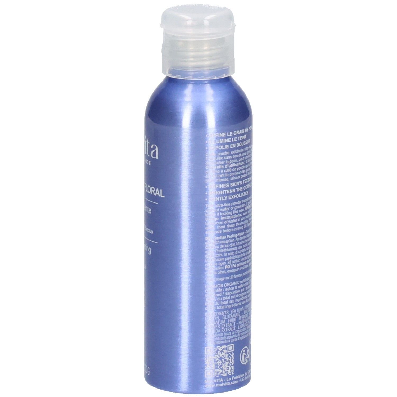 Arrière du flacon bleu de poudre exfoliante douceur Melvita, 30g.