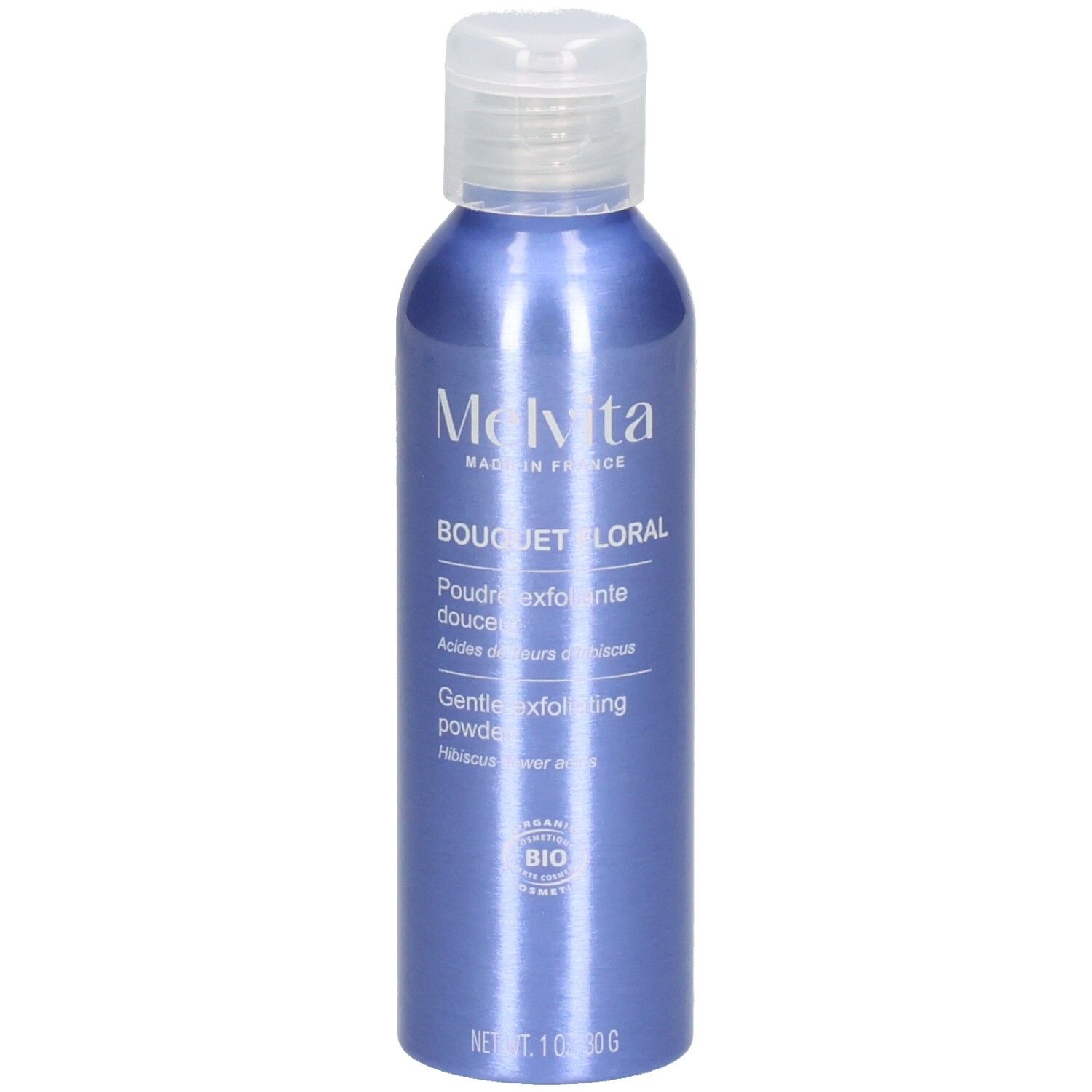 Flacon bleu de poudre exfoliante douceur Melvita, 30g.