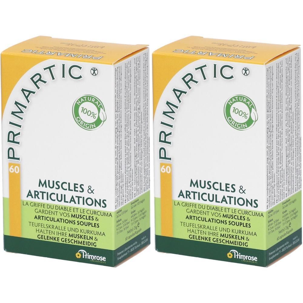 Deux boîtes de "Primartic". Inscription: "Muscles & Articulations". Emballage vert et jaune avec logo et label 100% Natural Origin.
