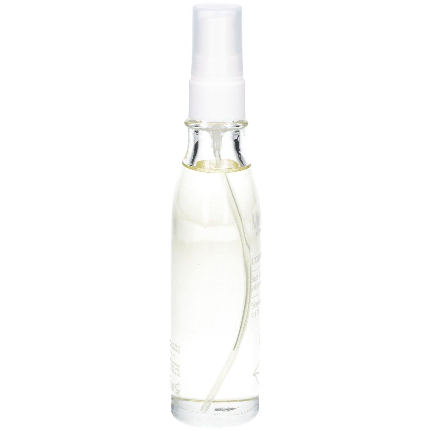 Flacon en verre fin avec vaporisateur. Contient de l'huile dorée. Inscription sur l'étiquette.