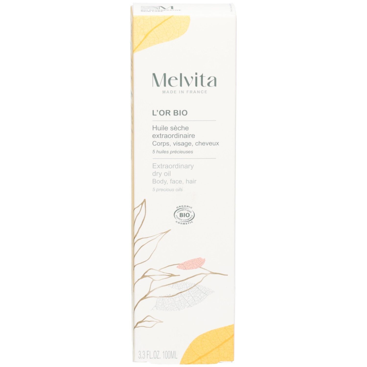 Emballage carton avec nom du produit et texte. Contient logo et certification.