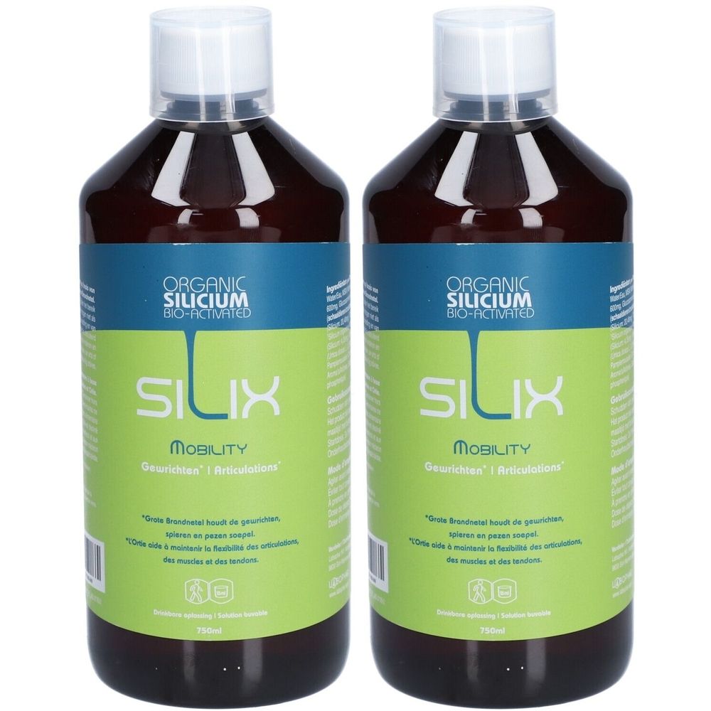 Deux flacons de Silix Mobility. Liquide brun dans des bouteilles transparentes avec des bouchons blancs. Étiquette verte et bleue avec informations.