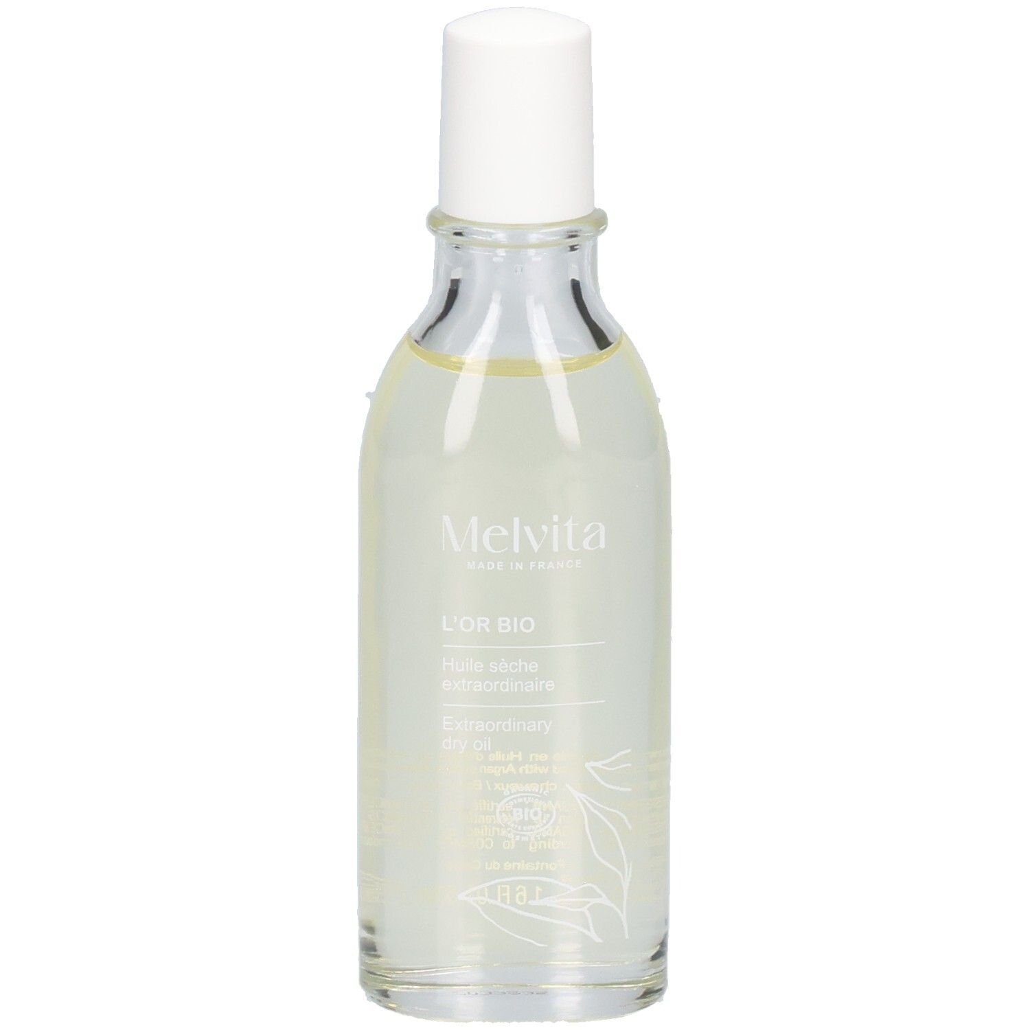 Flacon Melvita contenant une huile claire avec un bouchon blanc.