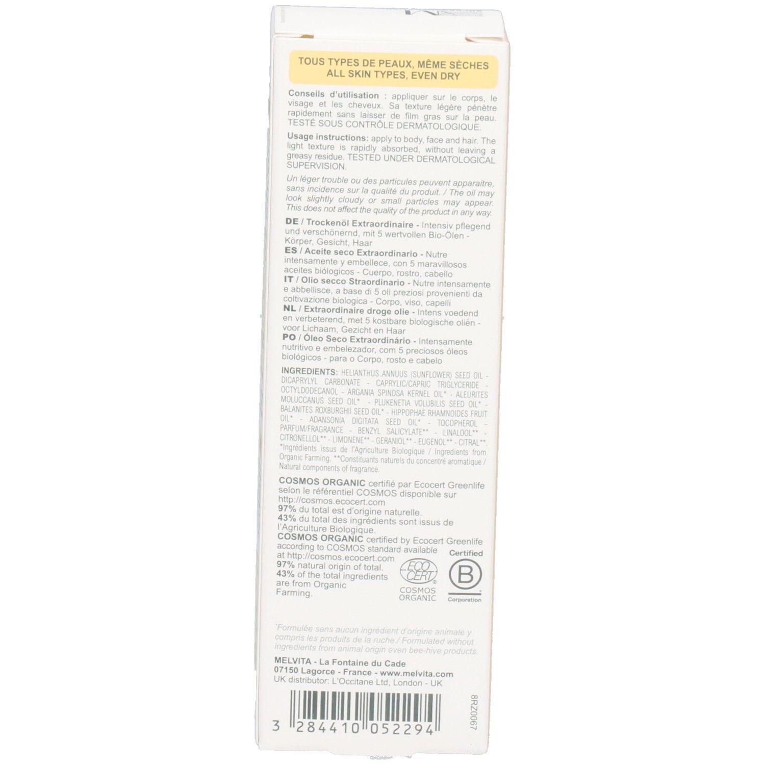 Boîte Melvita avec informations détaillées sur le produit et sceaux.