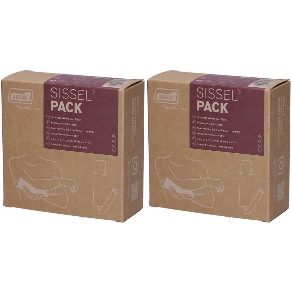 Deux boîtes rectangulaires. Impression: Sissel Pack. Inscriptions multilingues. Illustration d'un bras avec compresse. Emballage brun.