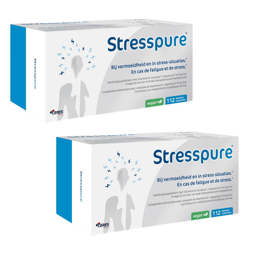 Deux boîtes blanches avec accent bleu. Inscription "Stresspure". Texte en néerlandais et français. Label végan.