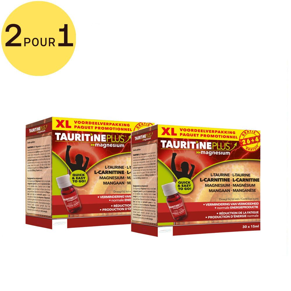 Deux boîtes de Tauritine Plus® Magnesium, 2+1, avec flacons. Inscription: L-Carnitine, Magnésium, Manganèse. Pack XL.