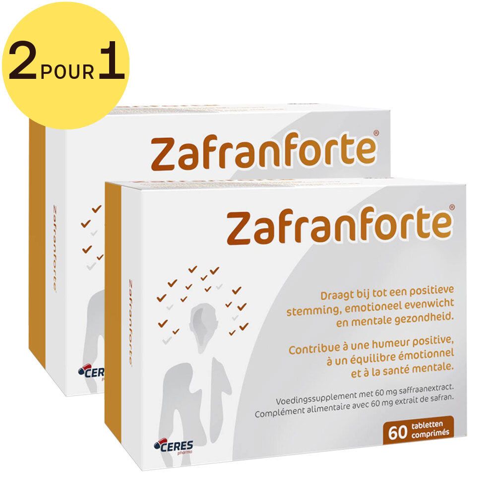 Deux boîtes blanches "Zafranforte". Inscriptions multilingues. 60 comprimés. Autocollant "2 pour 1". Marque Ceres.