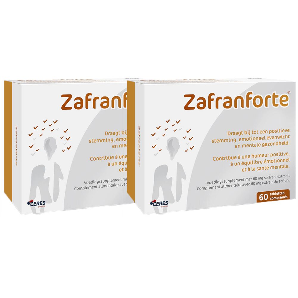 Deux boîtes blanches "Zafranforte". Inscriptions multilingues. 60 comprimés. Marque Ceres.