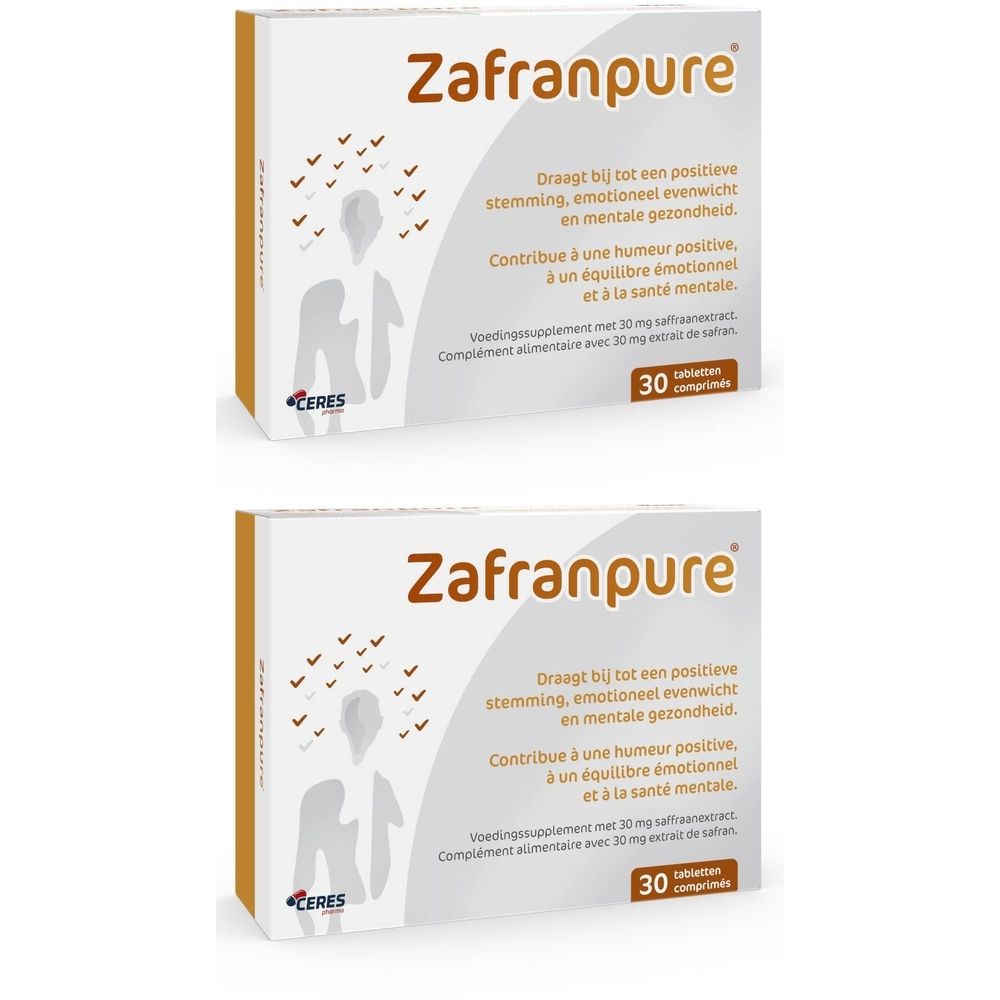 Deux boîtes de Zafranpure. Inscription: Contribue à une humeur positive, à un équilibre émotionnel et à la santé mentale. 30 comprimés.