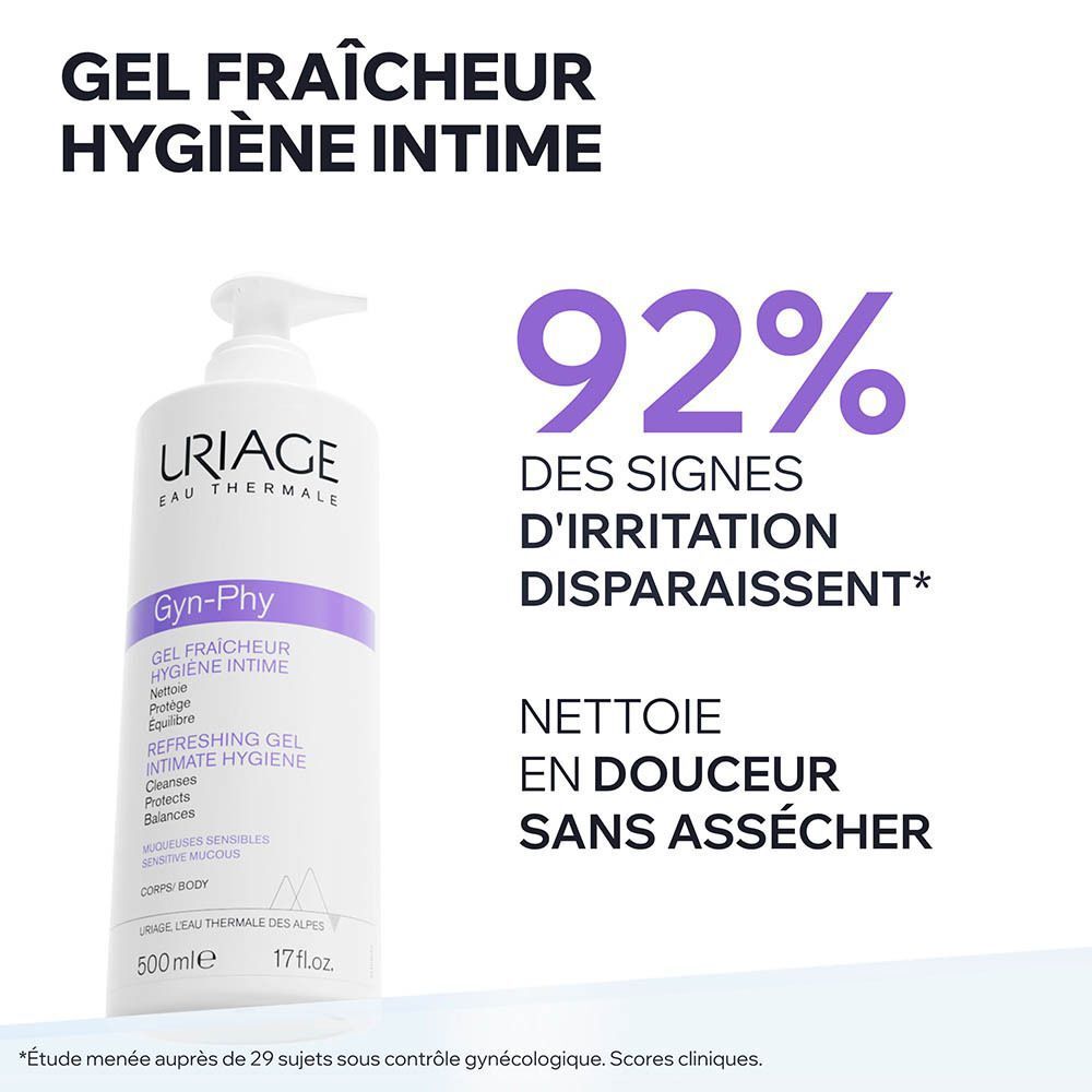 Un flacon pompe blanc URIAGE GYN-PHY Gel Fraîcheur Hygiène Intime, 500ml, avec sceau de dermatologue.