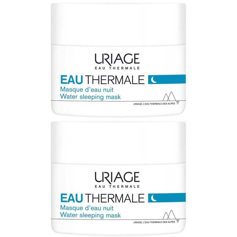 Deux pots blancs avec Uriage Eau Thermale Masque d'eau nuit et couvercle bleu.