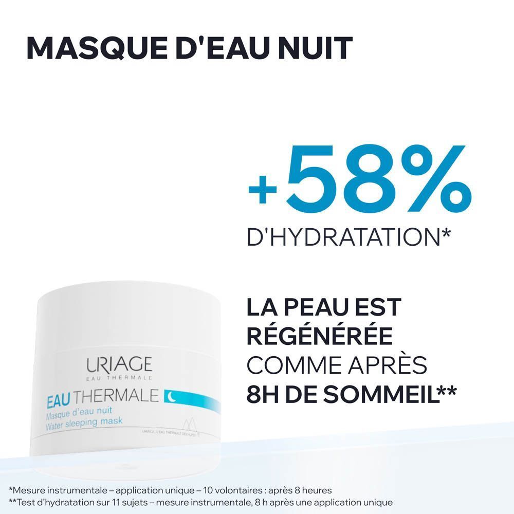 Uriage Eau Thermale Masque d'eau nuit dans un pot blanc avec couvercle bleu.