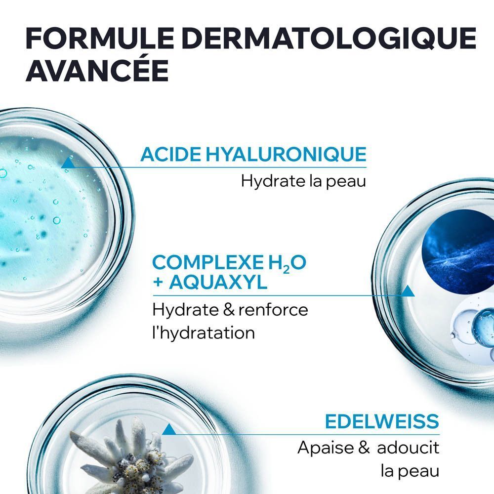 Trois béchers avec ingrédients : acide hyaluronique, complexe H2O + Aquaxyl, edelweiss. Formule pour la peau.