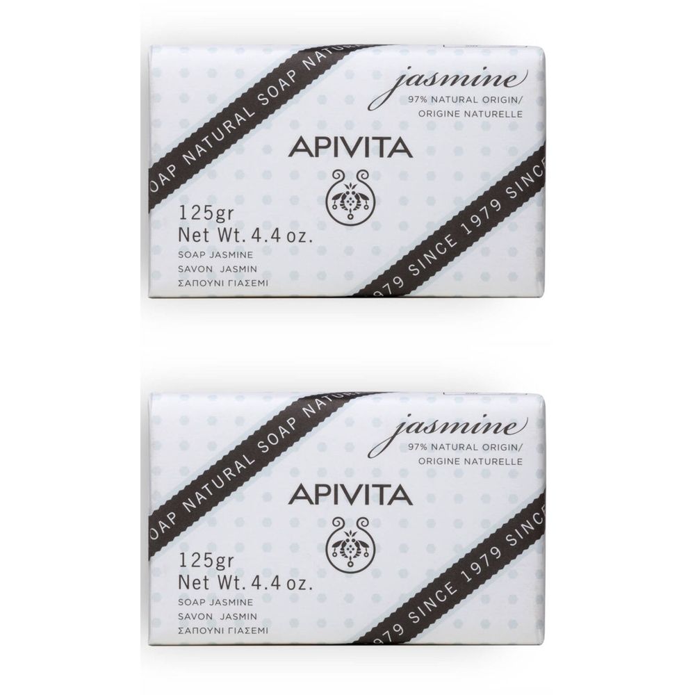 Deux savons rectangulaires emballés en blanc. Inscription : APIVITA, jasmin, 125g, 97% d'origine naturelle. Bandes diagonales noires.