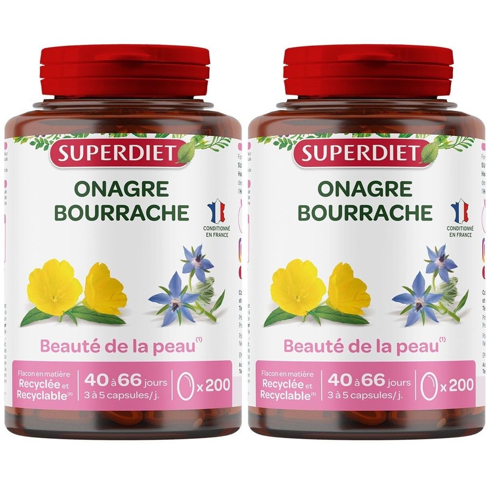 Deux flacons SUPER DIET Onagre Bourrache. Bouchons rouges, flacons bruns, étiquettes avec nom du produit et illustrations florales.