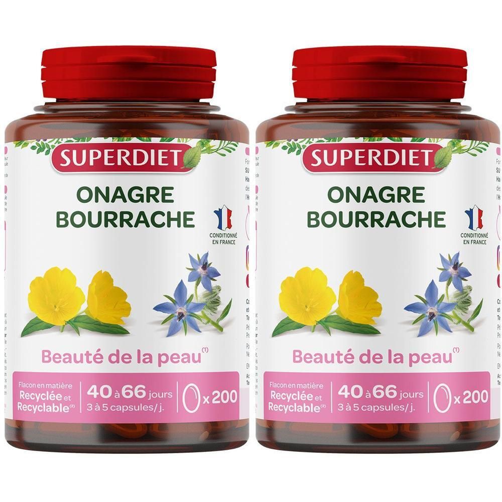 Deux flacons SUPER DIET Onagre Bourrache. Bouchons rouges, flacons bruns, étiquettes avec nom du produit et illustrations florales.