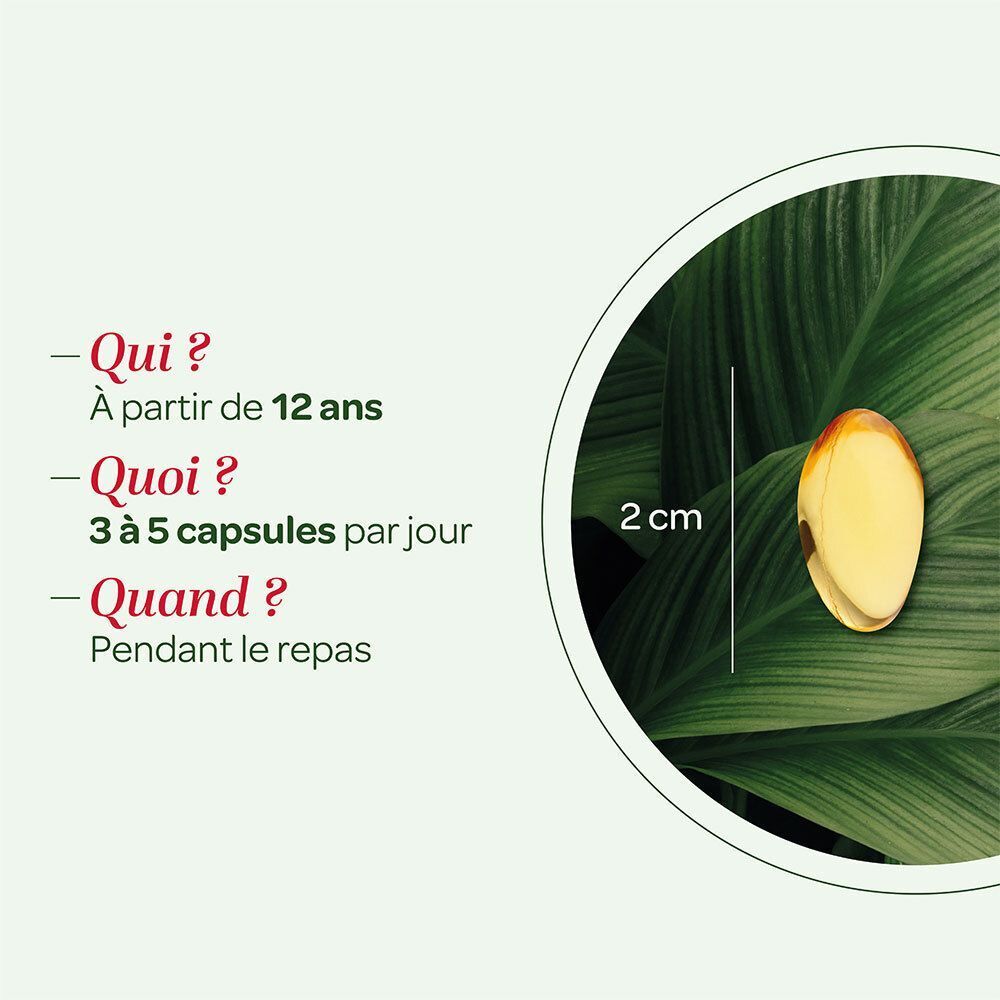 Gélule sur feuille. Diamètre 2 cm. Texte : 3 à 5 gélules par jour.