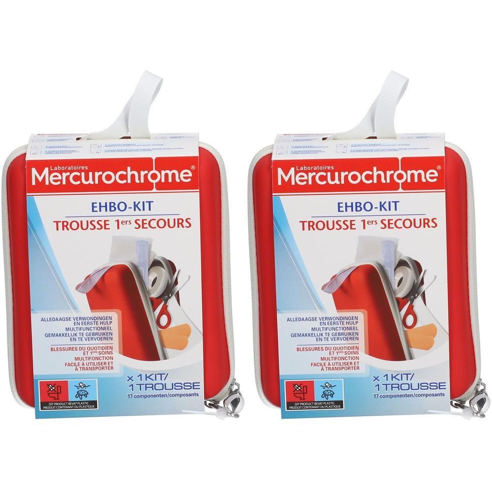 Deux trousses de premiers secours rouges avec poignée blanche. Inscription: Mercurochrome, EHBO-KIT, Trousse 1er secours. Fermeture éclair.