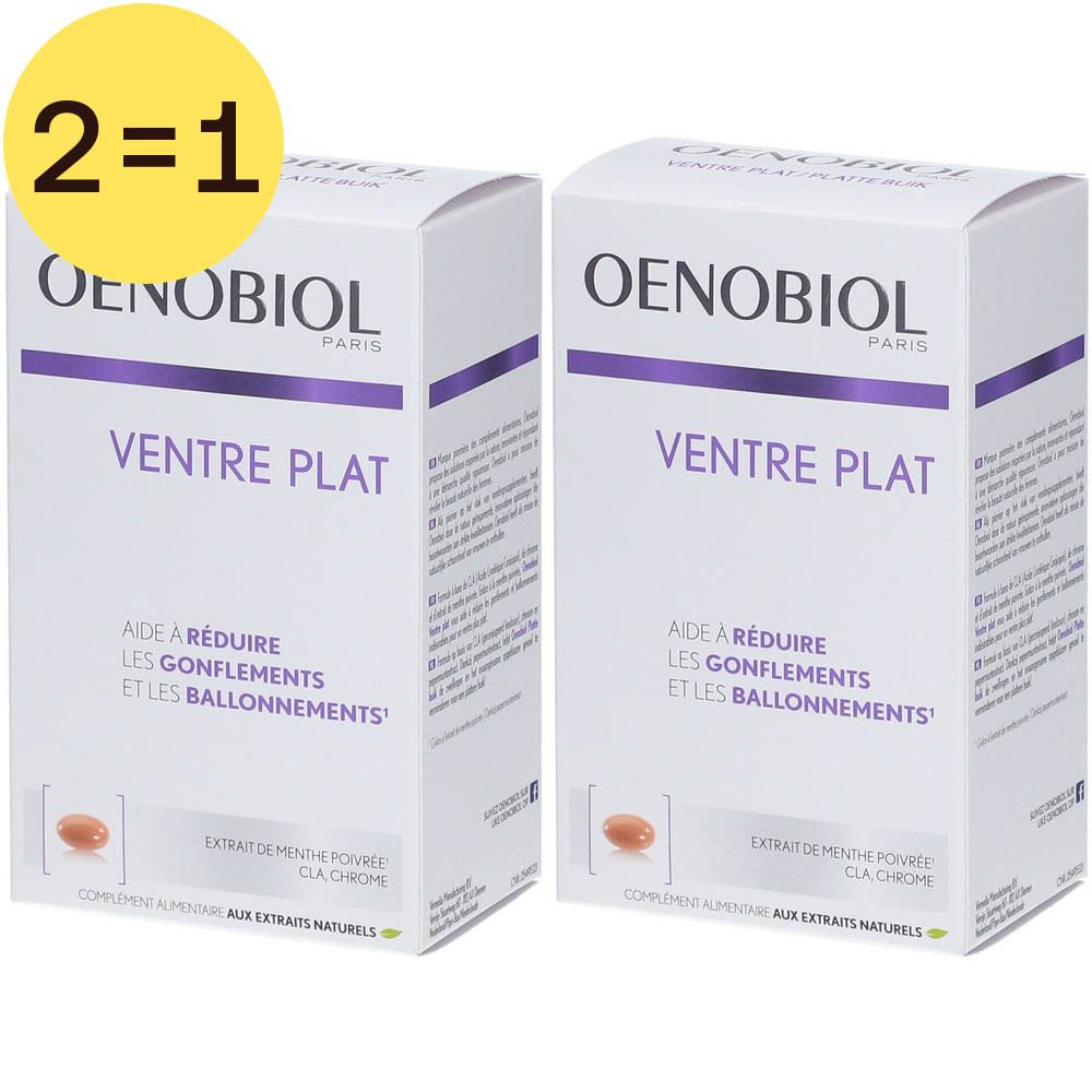 Deux boîtes Oenobiol Ventre Plat. Un cercle jaune indique "2=1". Inscription "Aide à réduire les gonflements et les ballonnements".