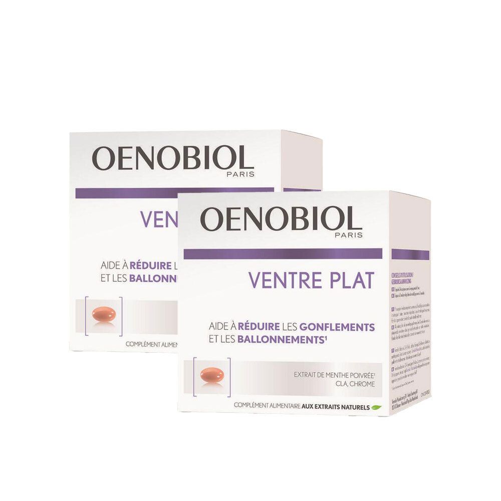 Deux boîtes Oenobiol Ventre Plat. Inscription "Aide à réduire les gonflements et les ballonnements".