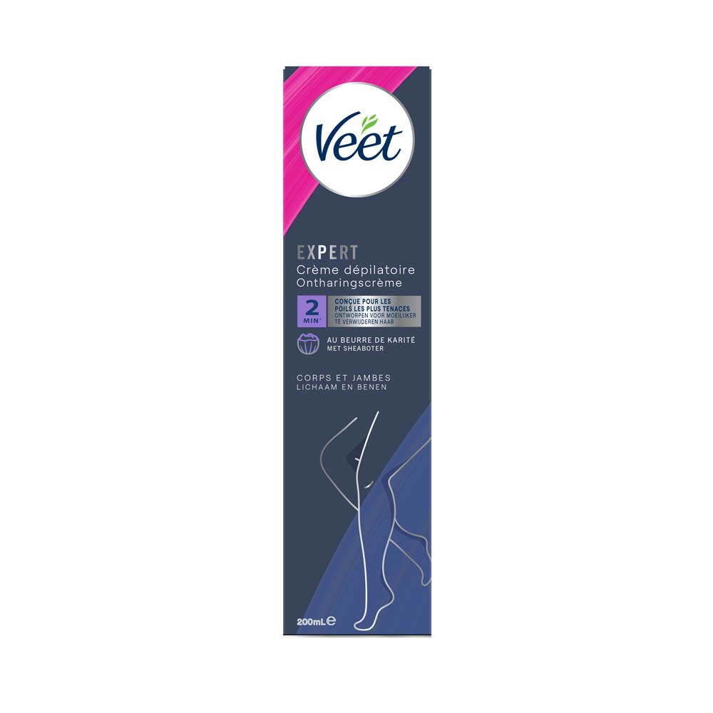 Veet Expert Crème Dépilatoire Corps et Jambes. Emballage. Violet, blanc, bleu foncé.