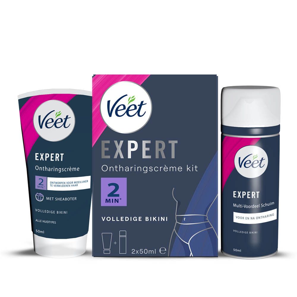 Kit Veet Expert avec crème, spatule et mousse. Image du produit. Pour le maillot intégral.