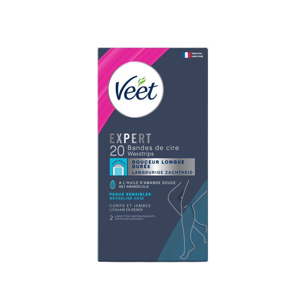 Boîte de bandes de cire Veet Expert. 20 bandes pour corps et jambes. Huile d'amande douce. Peaux sensibles.