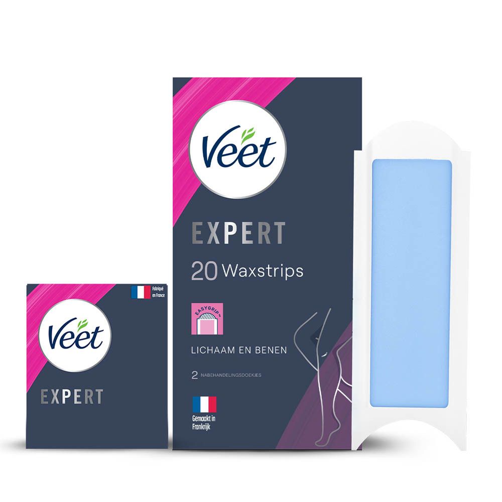 Veet Expert Bandes de cire pour corps et jambes, 20 bandes, avec une bande de cire.