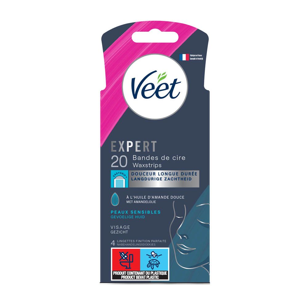 Veet Expert Bandes de cire visage. 20 waxstrips. Peaux sensibles. Huile d'amande douce. Drapeau français.